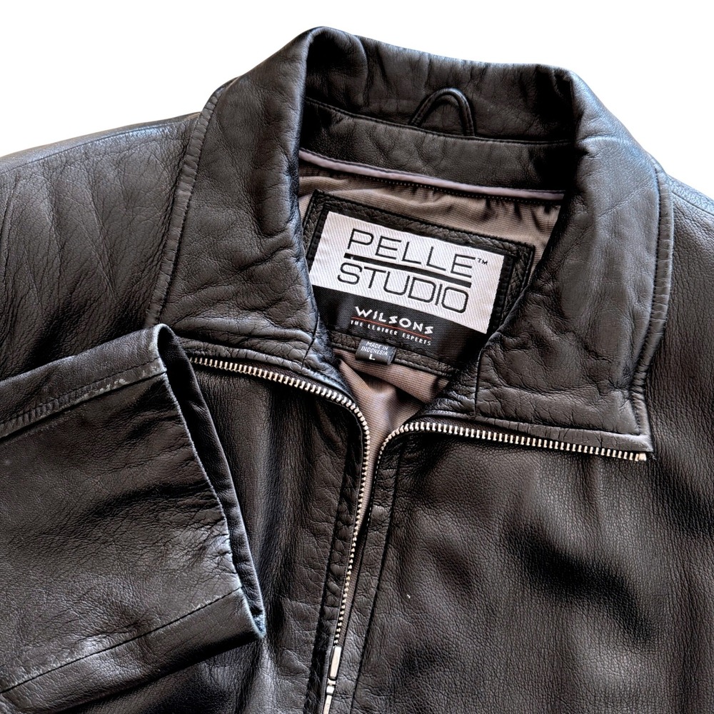 Vintage Leather Belted Jacket Womens Size L Wilsons Pelle Studio Black Full Zip